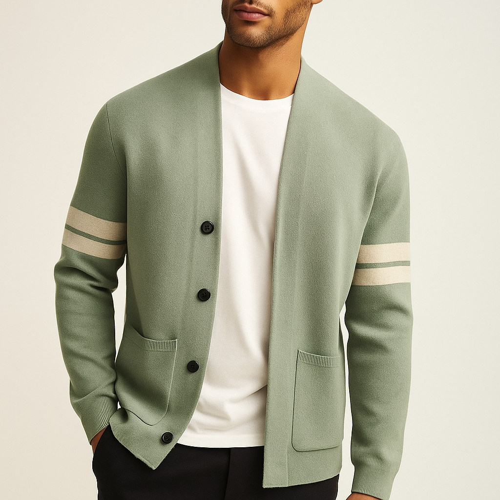 Sage green wool-blend V-neck cardigan with contrast sleeve stripes, button-front closure, and functional patch pockets.