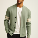 Sage green wool-blend V-neck cardigan with contrast sleeve stripes, button-front closure, and functional patch pockets.
