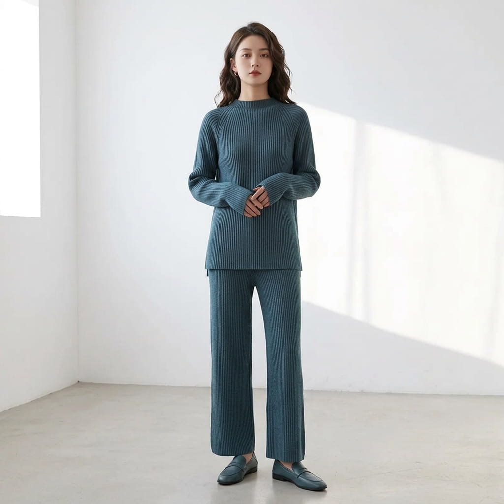 Full-length standing view of a model wearing the ribbed knit mock-neck lounge set in blue.