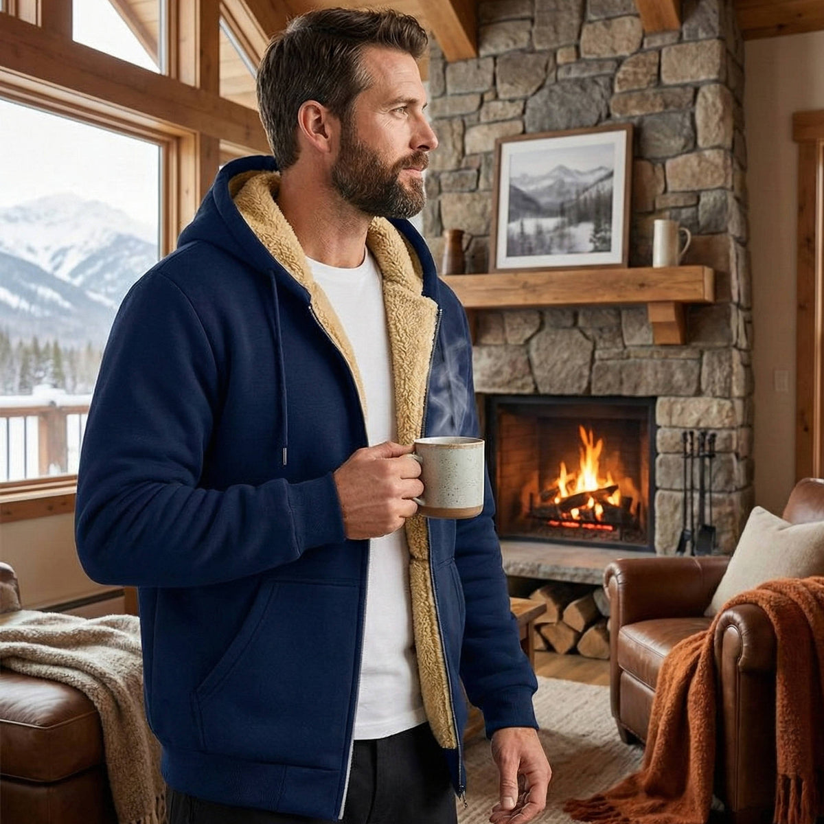 Sherpa-Lined Zip-Up Hoodie – Male model wearing a navy blue sherpa-lined hoodie in a cozy indoor setting