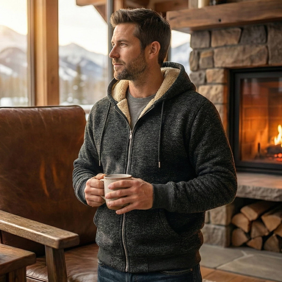 Sherpa-Lined Zip-Up Hoodie – Male model wearing a dark gray sherpa-lined hoodie indoors