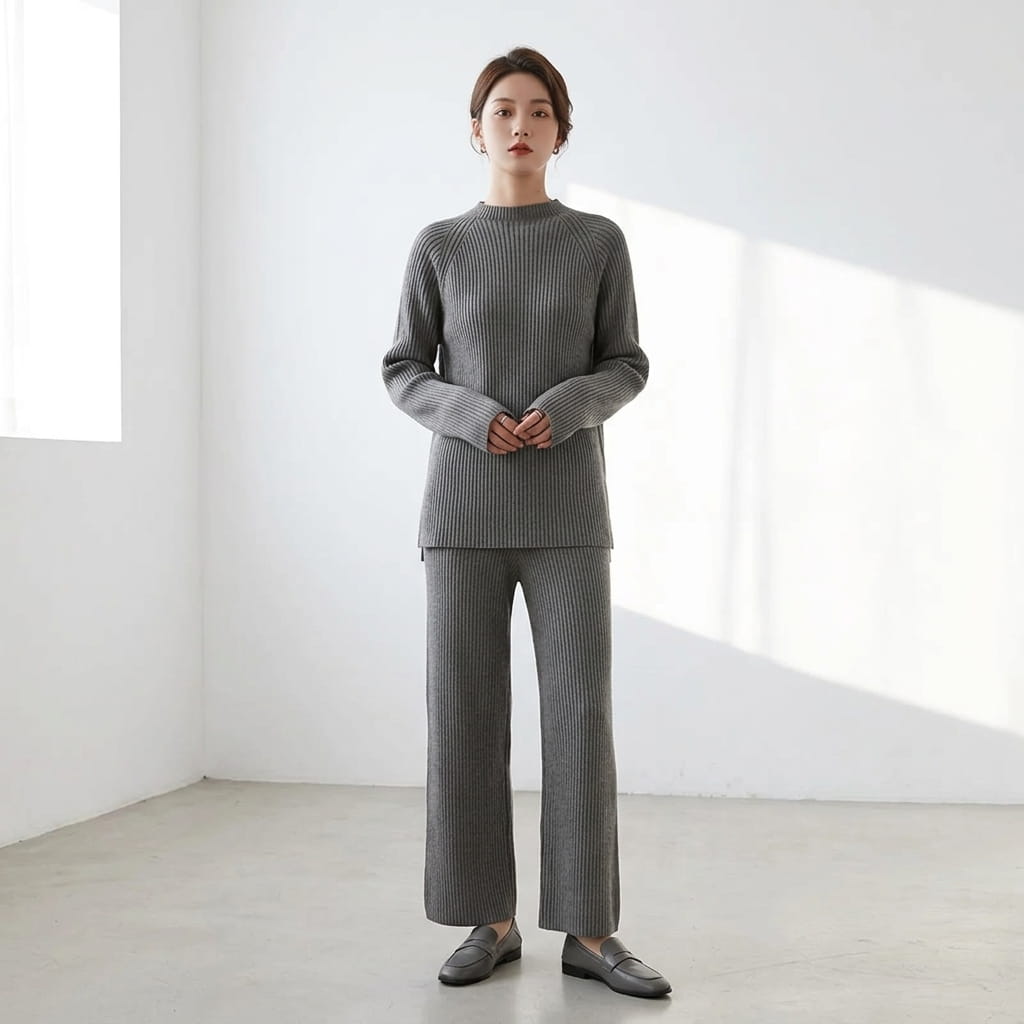 Full-length standing view of a model wearing the ribbed knit mock-neck lounge set and wide-leg trousers in charcoal gray.