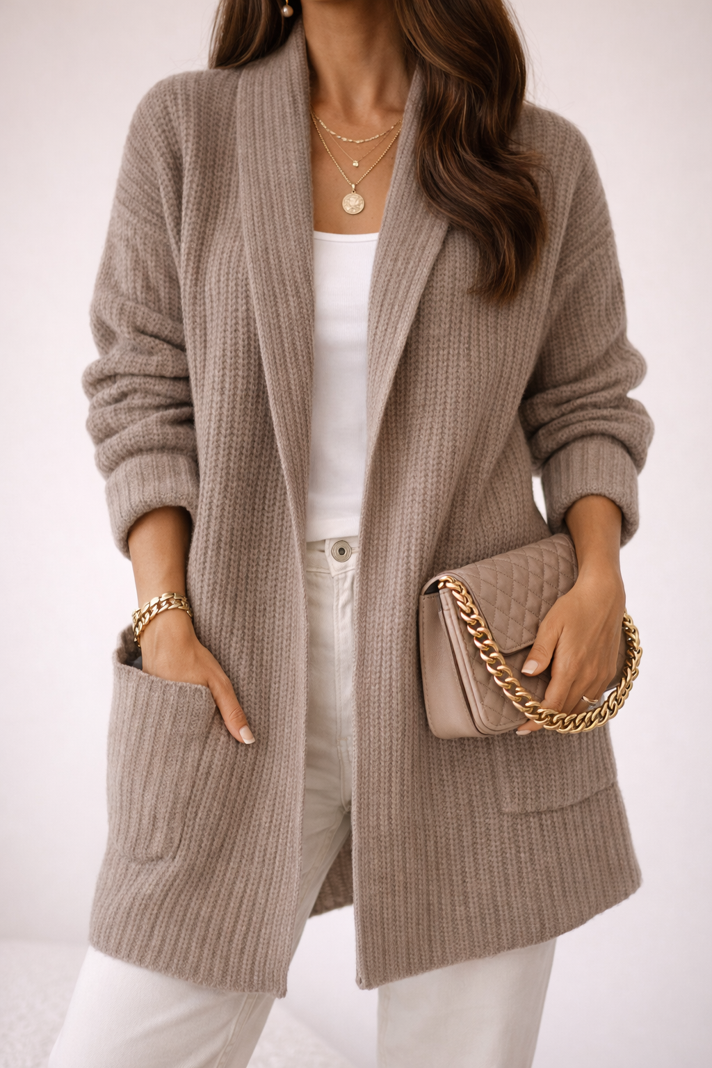Geneva Waffle Knit Longline Cardigan – Oversized Open-Front Cozy Knitwear