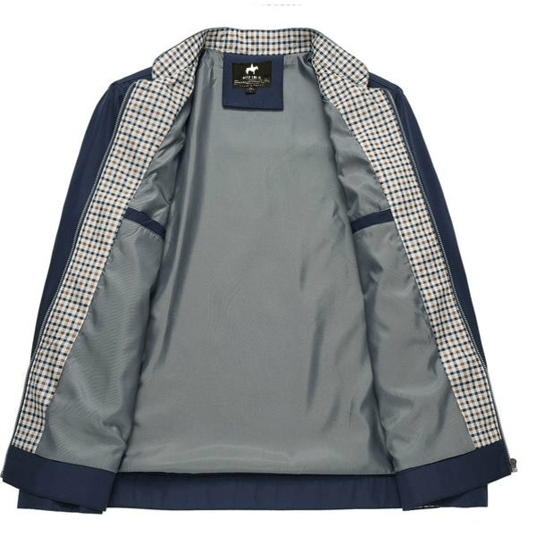Open navy zip-up jacket showcasing the plaid interior lining, full zipper, and stand collar.
