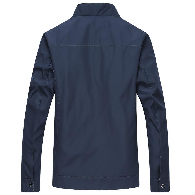 Back view of a navy zip-up jacket with a stand collar, clean design, and long sleeves on a white background.