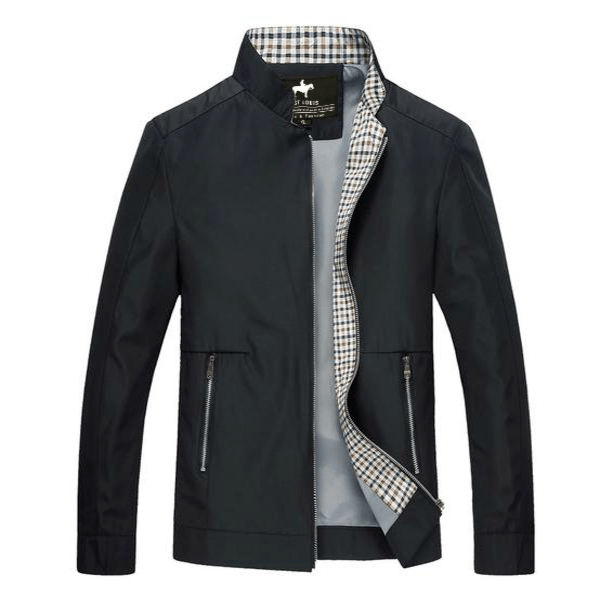 Black zip-up jacket with a stand collar, plaid lining, zippered pockets, and long sleeves displayed on a white background.