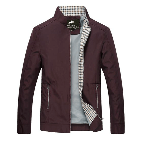 Burgundy zip-up jacket featuring a stand collar, plaid lining, zippered pockets, and long sleeves on a white background.