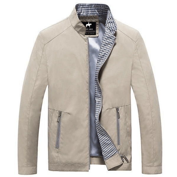 Beige zip-up jacket with a stand collar, plaid lining, zippered pockets, and long sleeves displayed on a white background.