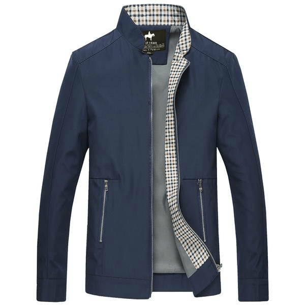 Navy zip-up jacket with a stand collar, plaid lining, zippered pockets, and long sleeves displayed on a white background.