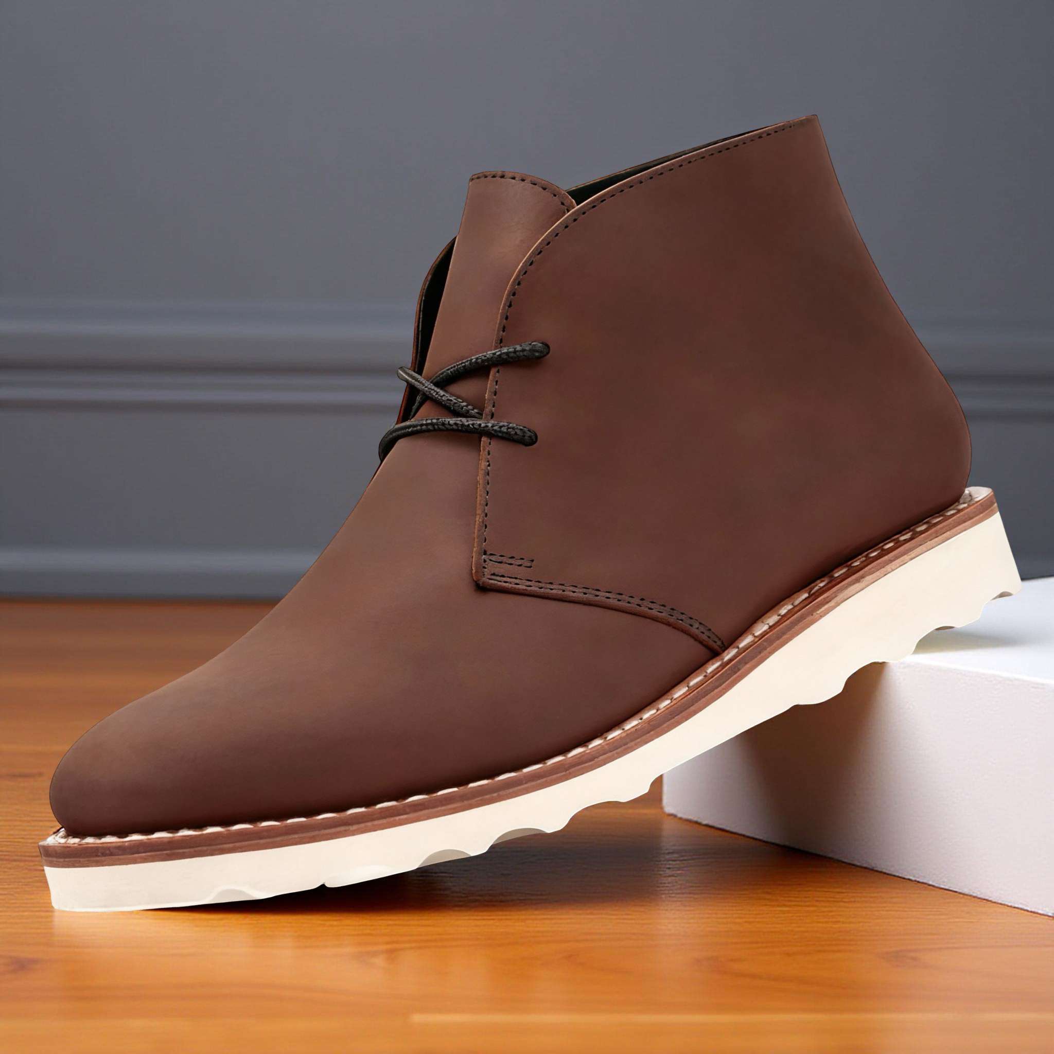 Brown napped chukka boot with two-eyelet lace-up front, rounded toe, and thick white treaded outsole with welt stitching.