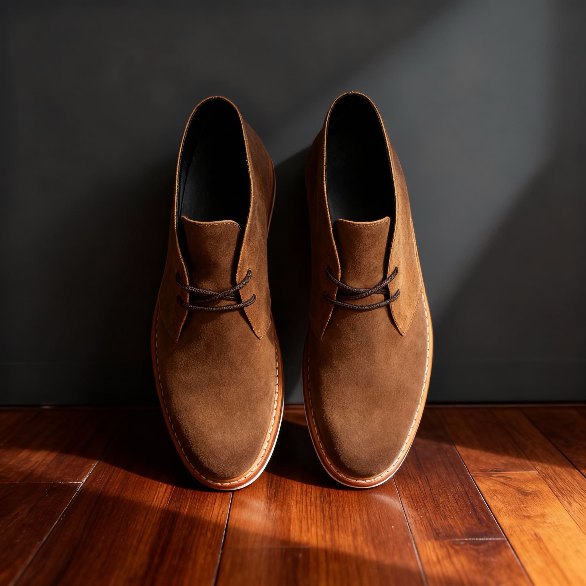 Brown napped suede chukka boots featuring a two-eyelet lace-up front, rounded toe, and visible welt stitching on a wood floor.