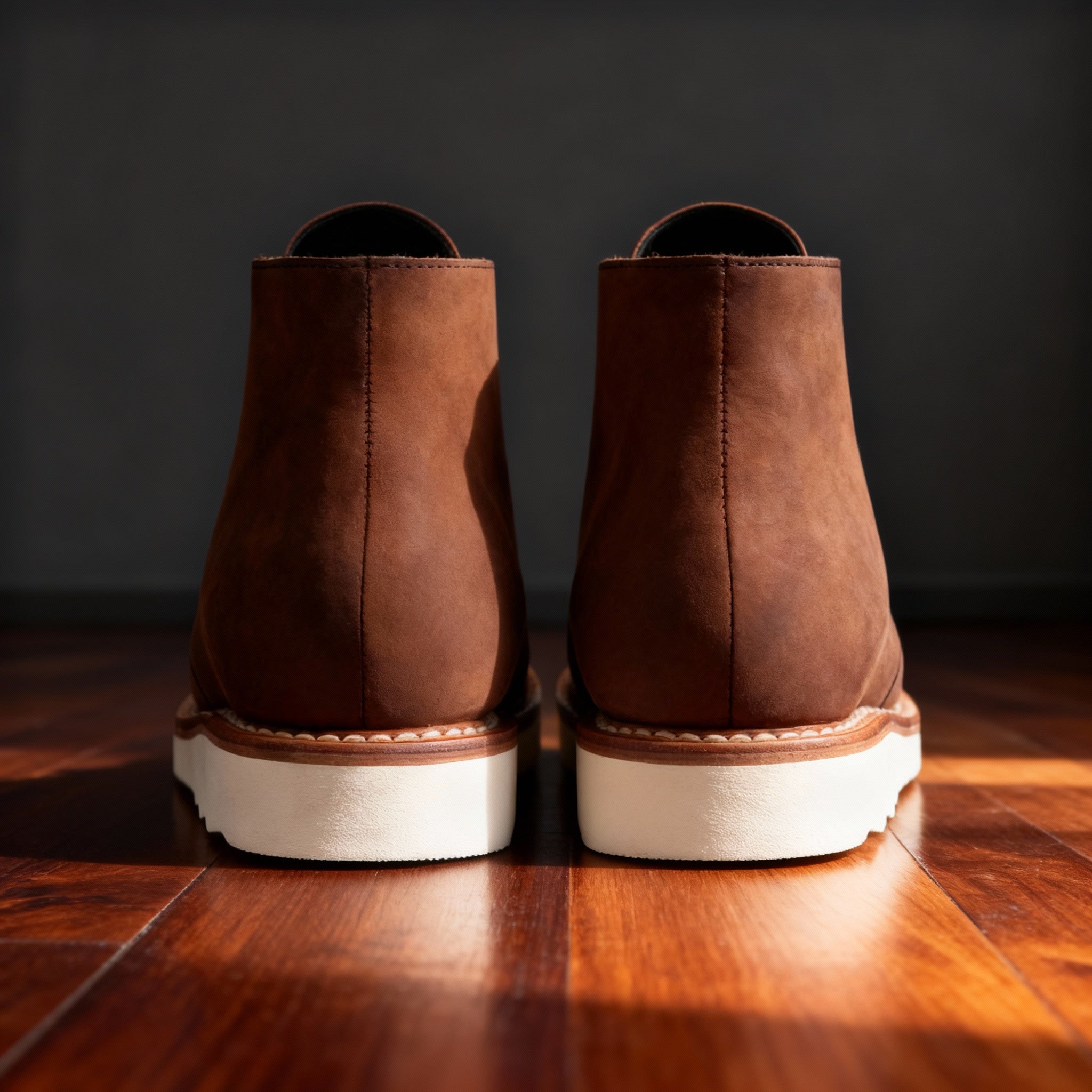 Brown napped leather chukka boots featuring a reinforced heel and a thick, white treaded outsole on a wooden floor.