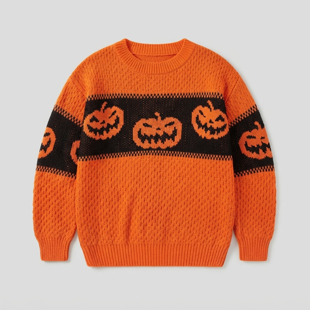 Product flat-lay view of a bright orange textured knit Halloween sweater featuring a wide black chest band with orange jack-o'-lantern pumpkin motifs and ribbed crew neck trim.