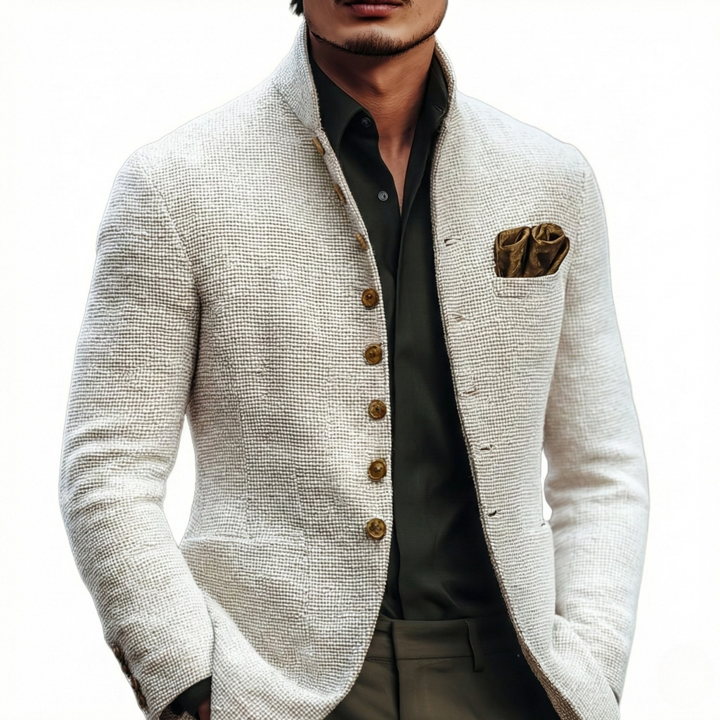 Off-white textured weave blazer cardigan with a stand collar, single-breasted button front, and pocket square detail.