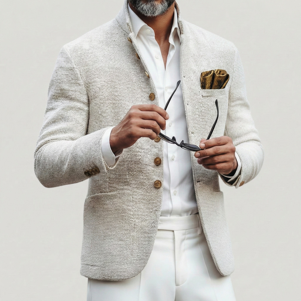 Beige textured weave blazer cardigan with a stand collar, single-breasted button front, and gold pocket square detail.