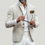 Beige textured weave blazer cardigan with a stand collar, single-breasted button front, and gold pocket square detail.