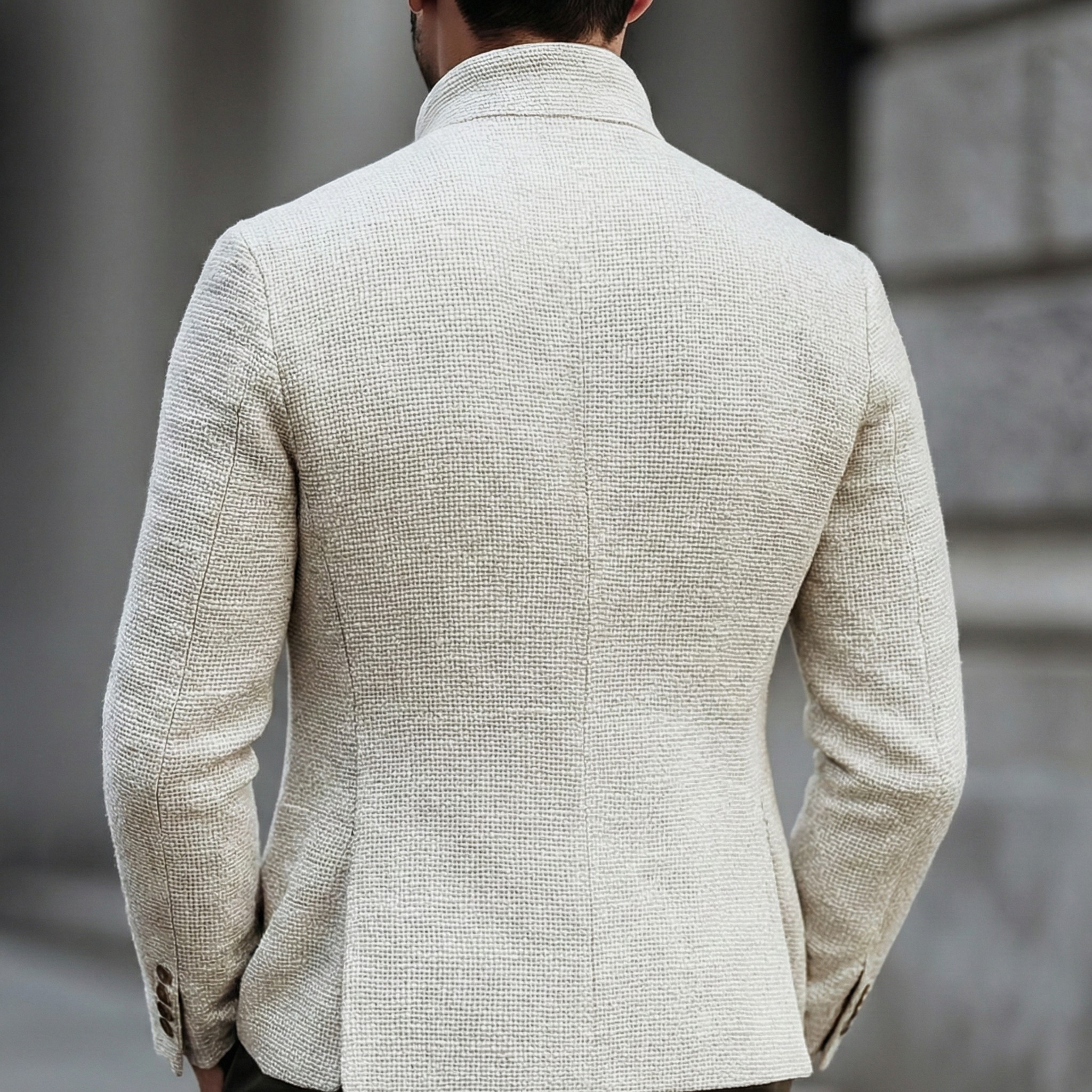 Beige textured weave blazer cardigan with a structured stand collar and tailored fit, viewed from the back.