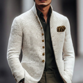 Off-white textured weave blazer with a stand collar, single-breasted button front, and a pocket square detail.