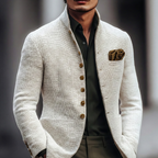 Off-white textured weave blazer with a stand collar, single-breasted button front, and a pocket square detail.