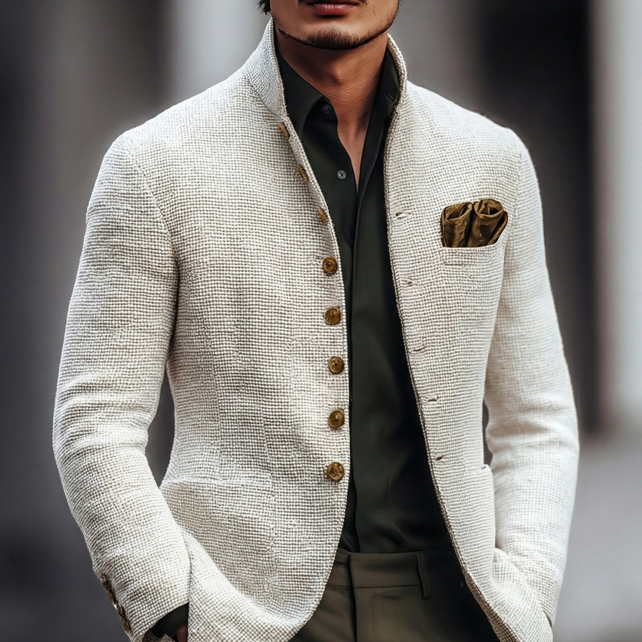 Off-white textured weave blazer with a stand collar, single-breasted button front, and a pocket square detail.