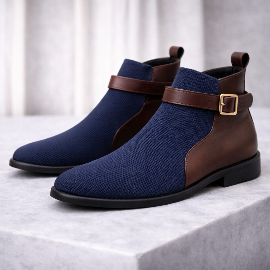 Navy blue ribbed knit ankle boots with brown leather heel panels and an adjustable gold buckle strap.