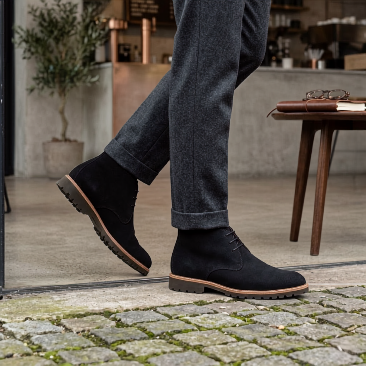 Black suede chukka boots with a three-eyelet lace-up front, plain toe, and a sturdy lug tread outsole with a stitched welt.