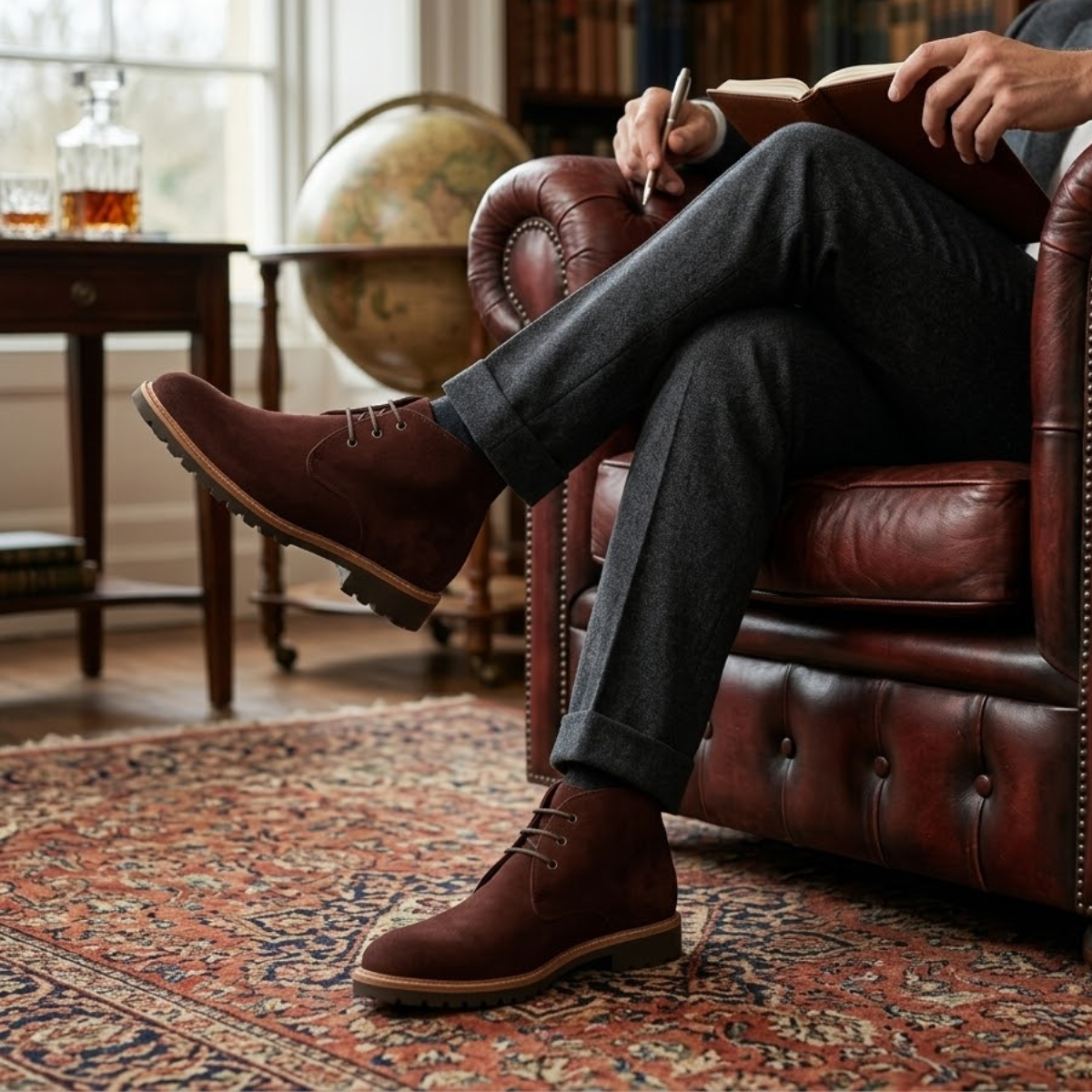 Brown suede chukka boots with a three-eyelet lace-up design, plain toe, and durable lug tread outsole.