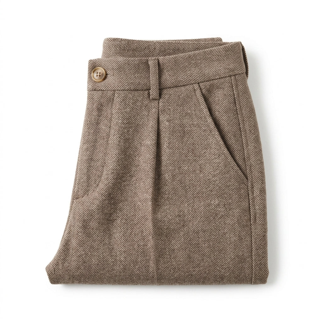 Close-up flat lay shot of the waistband, pleated front, and slant side pocket of neatly folded light brown herringbone wool trousers.