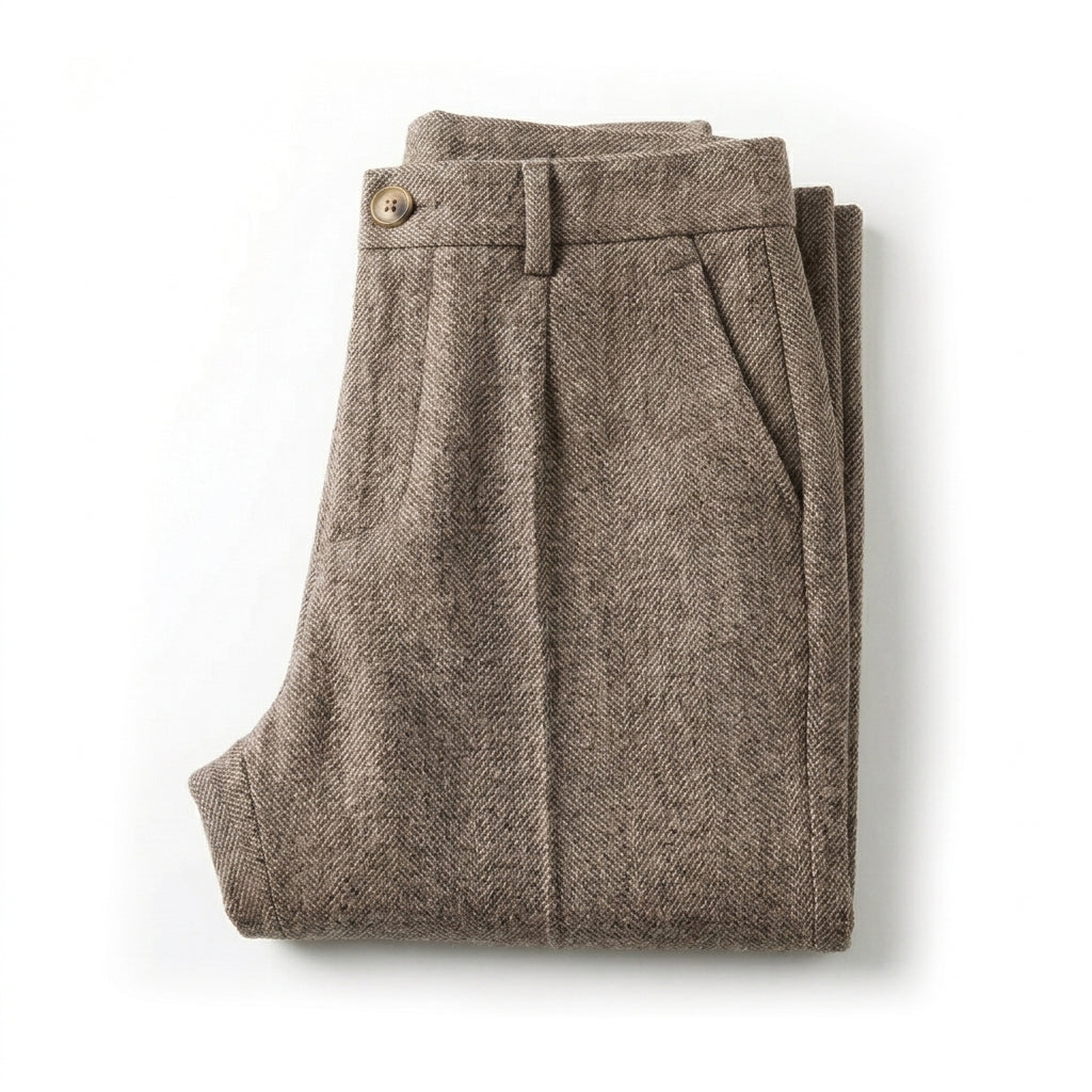 Product view of folded light brown herringbone wool trousers, highlighting the front pleat crease and side slant pocket detail.