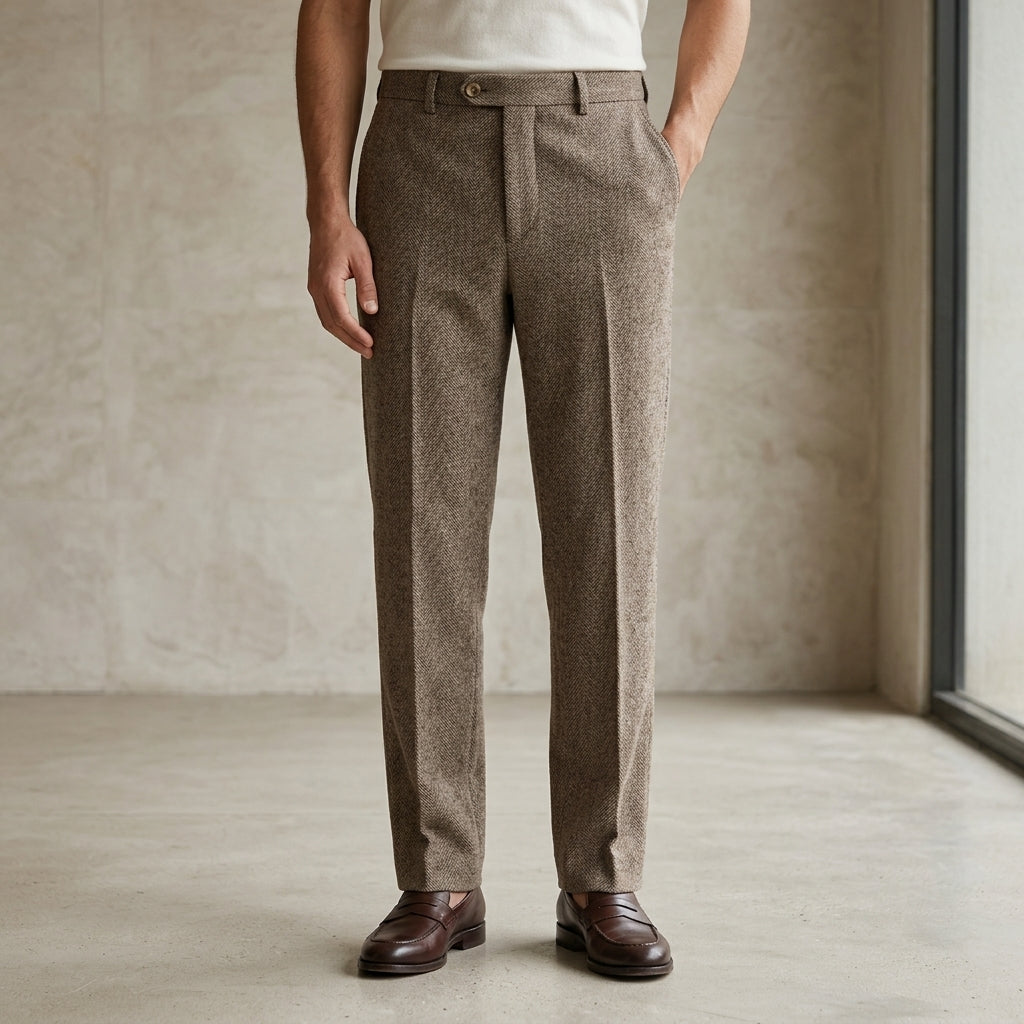 Tailored brown herringbone wool trousers with a structured fit, belt loops, and side pockets worn with brown loafers.