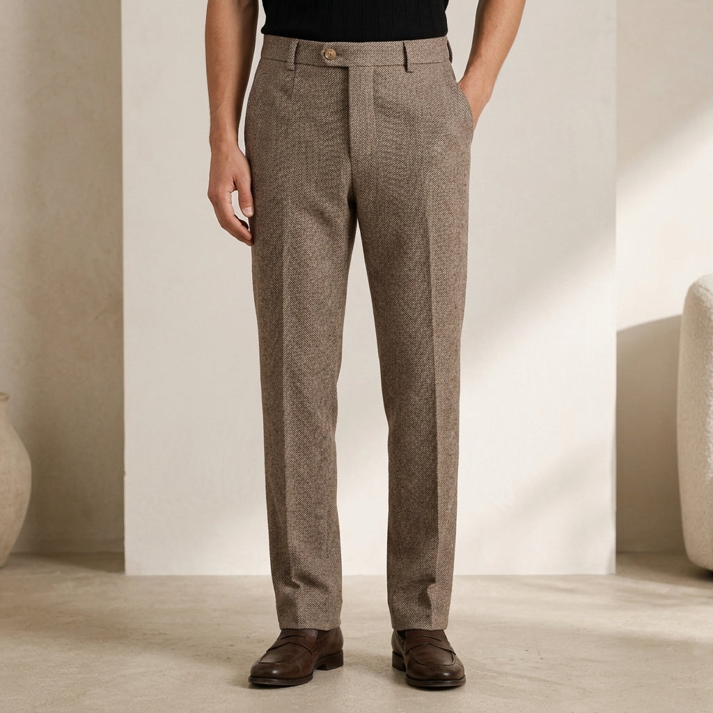 Tailored brown herringbone wool trousers with a structured fit, belt loops, and clean front crease.