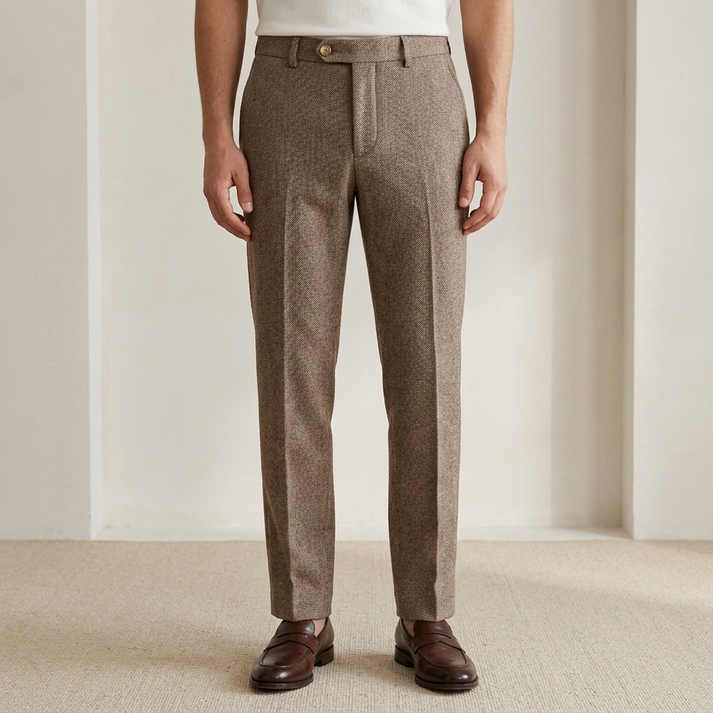 Tailored brown herringbone wool trousers with a structured fit, belt loops, and clean front crease.