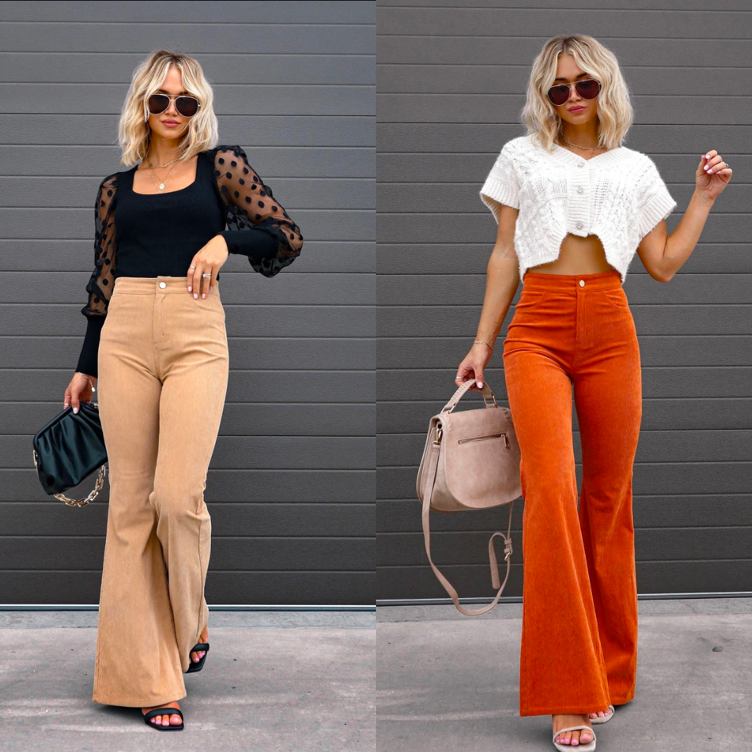 High-waisted corduroy flare pants in tan and orange, featuring a fitted thigh and button-zip fly in a soft ribbed texture.