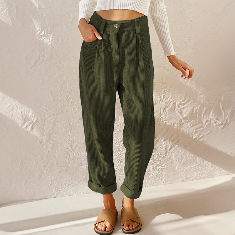 Olive green high-waisted corduroy pants with front pleats, a relaxed tapered leg, and adjustable turn-up cuffs.