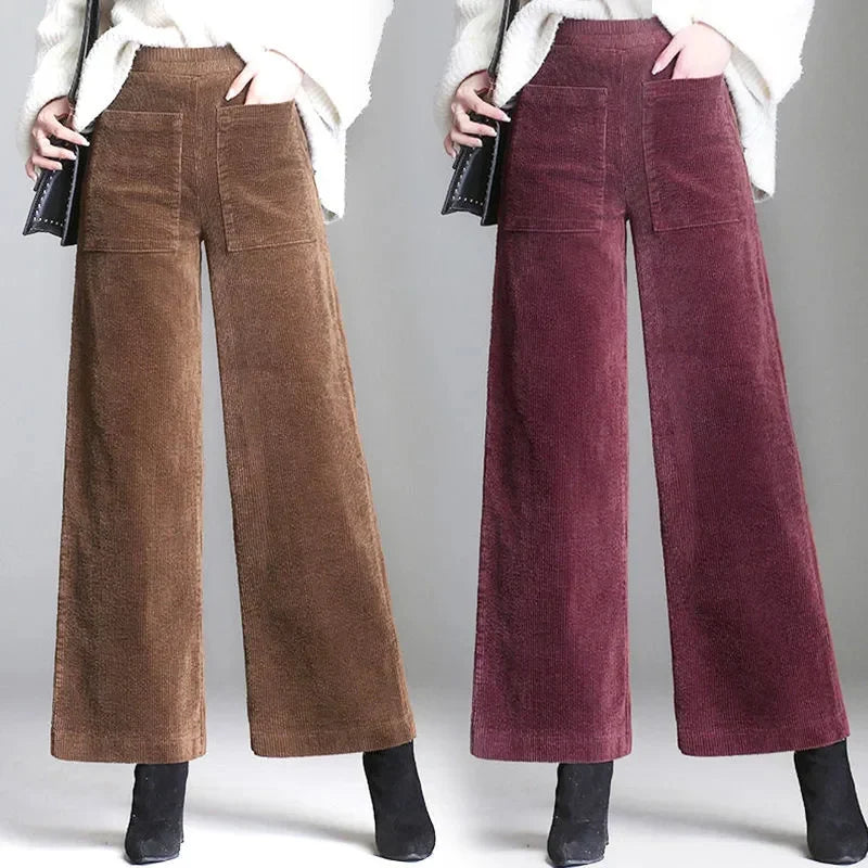 Brown and burgundy high-waisted wide-leg corduroy pants with full-length hems