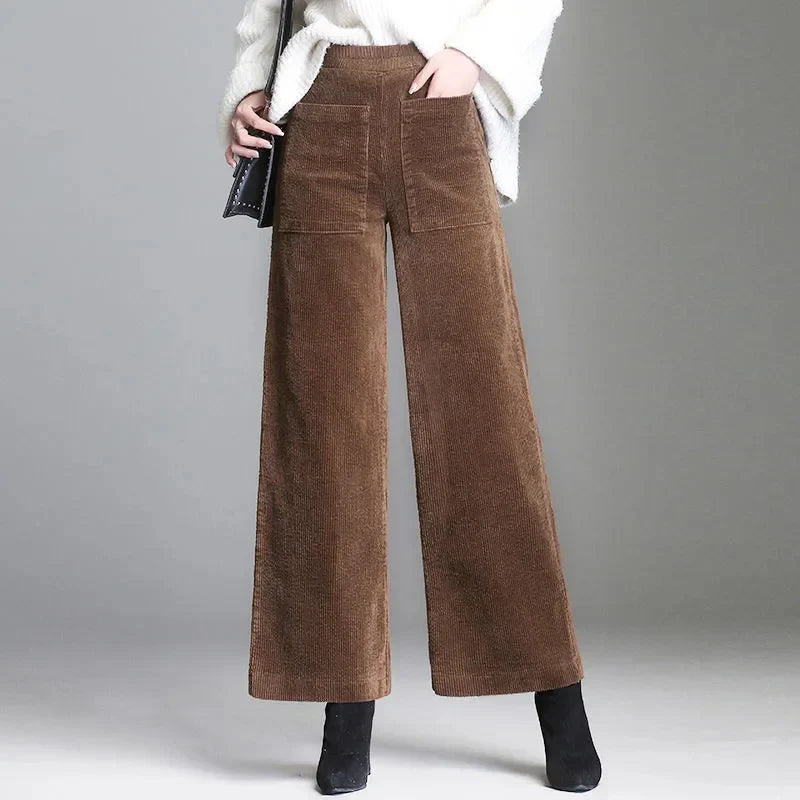 Brown wide-leg corduroy pants shown from the front with high waist and patch pockets