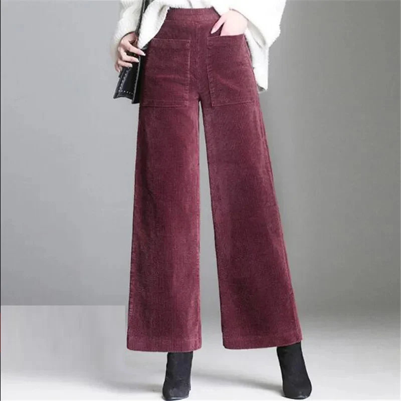 Burgundy wide-leg corduroy pants with high waist and full-length hem