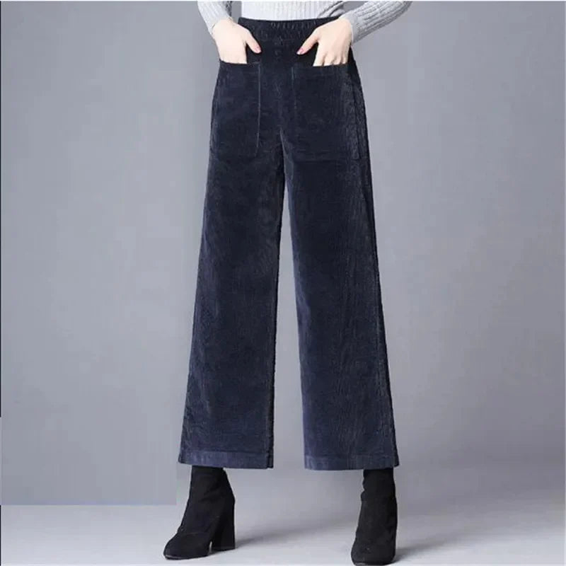 Navy wide-leg corduroy pants with high waist and full-length hem