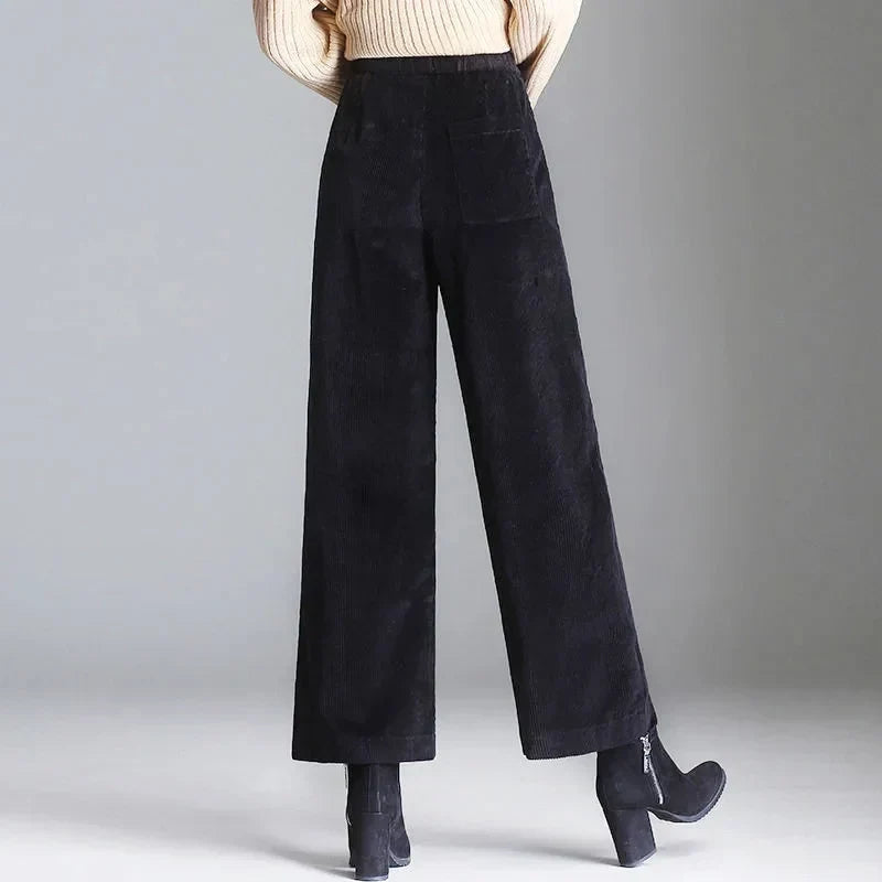 Black wide-leg corduroy pants with high waist and full-length hem