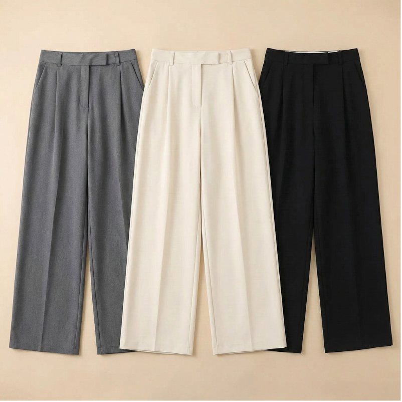 Flat lay display showing three color options of high-waisted wide-leg wool pants lined up side by side in gray, cream, and black.