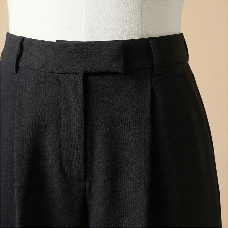 Extreme close-up view of the black wool pants highlighting the high waistband, extended tab closure, belt loops, and front pleating.