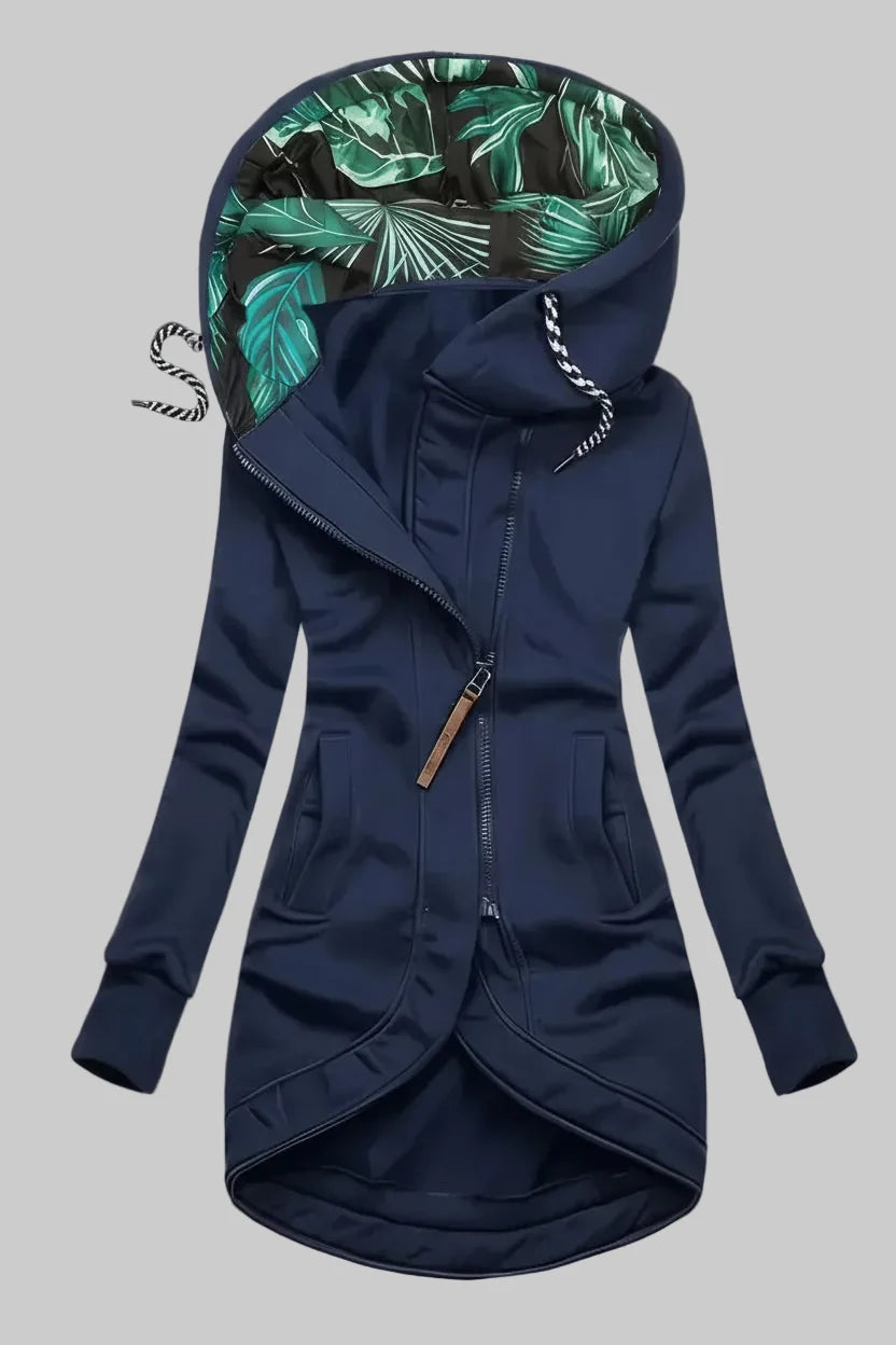 Navy Hooded Asymmetric Zip Knit Coat featuring a contrast print hood lining, asymmetric zip front, drawstring details, and tulip hem.