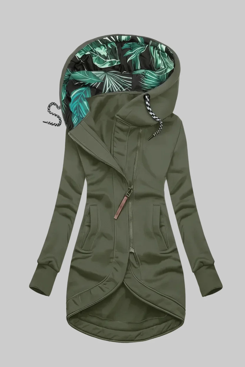Olive green Hooded Asymmetric Zip Knit Coat featuring a contrast print hood lining, asymmetric zip front, drawstring details, and tulip hem.