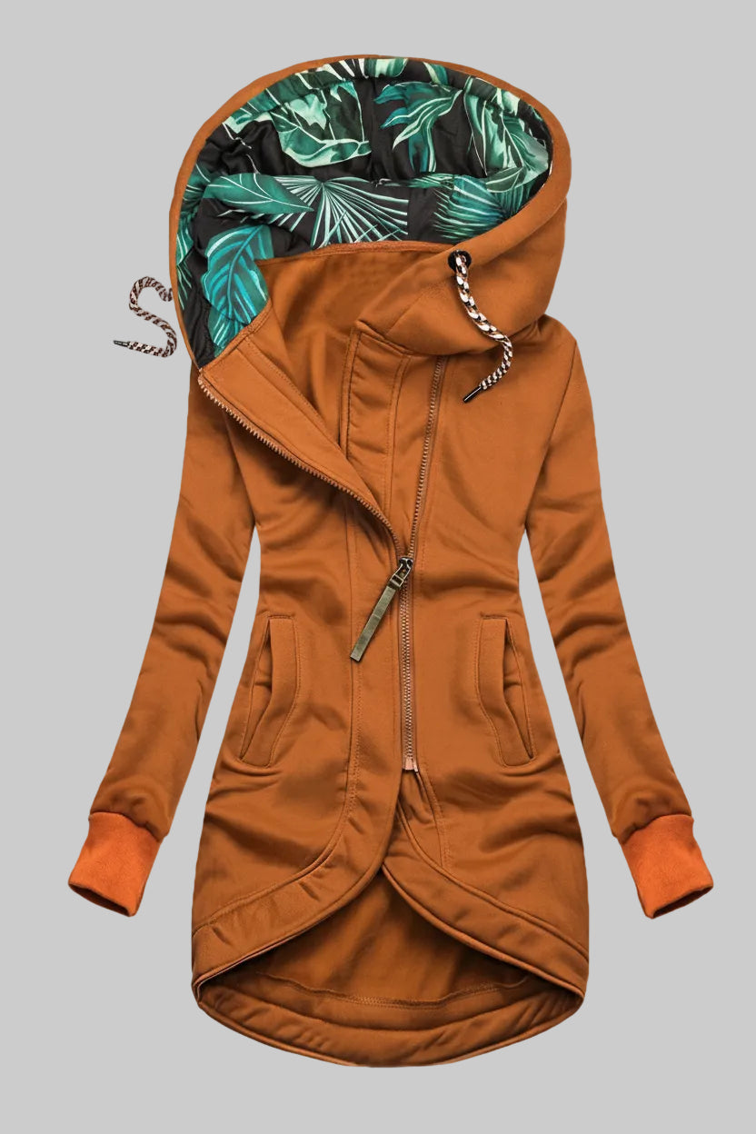 Orange Hooded Asymmetric Zip Knit Coat featuring a contrast print hood lining, asymmetric zip front, drawstring details, and tulip hem.