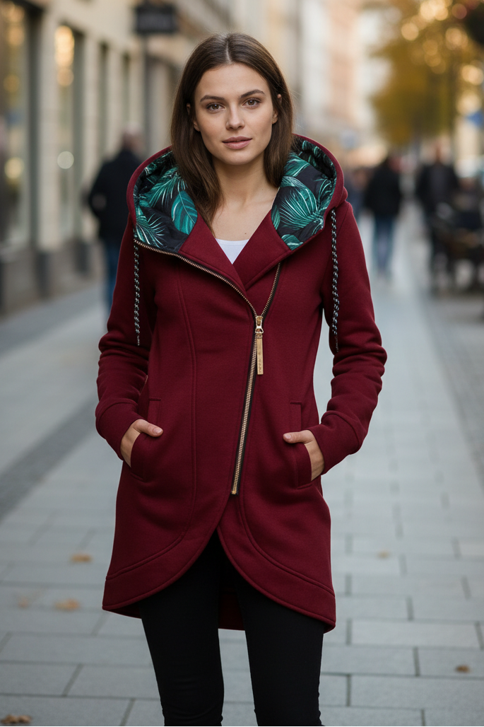 Burgundy Hooded Asymmetric Zip Knit Coat worn by a female model, featuring a contrast print hood lining, asymmetric zip front, and tulip hem.