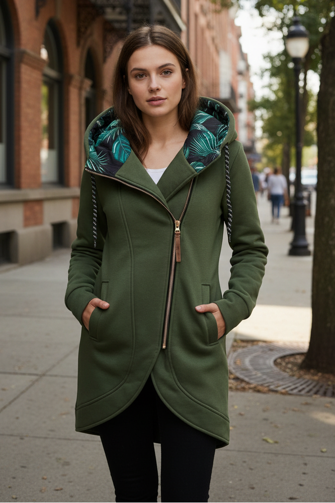 Olive green Hooded Asymmetric Zip Knit Coat worn by a female model, featuring a contrast print hood lining, asymmetric zip front, and tulip hem.