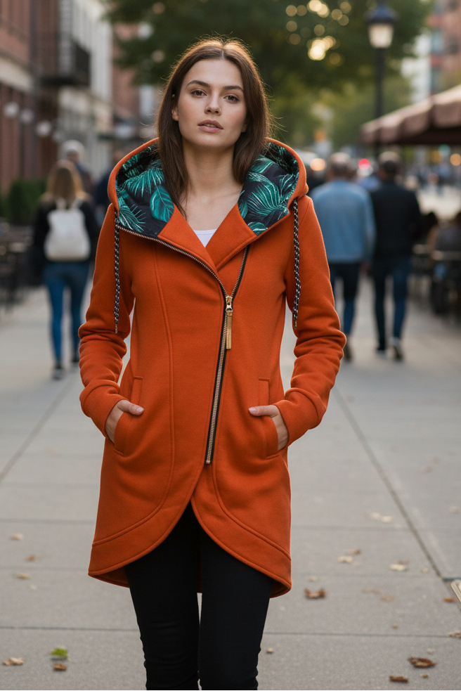 Orange Hooded Asymmetric Zip Knit Coat worn by a female model, featuring a contrast print hood lining, asymmetric zip front, and tulip hem.