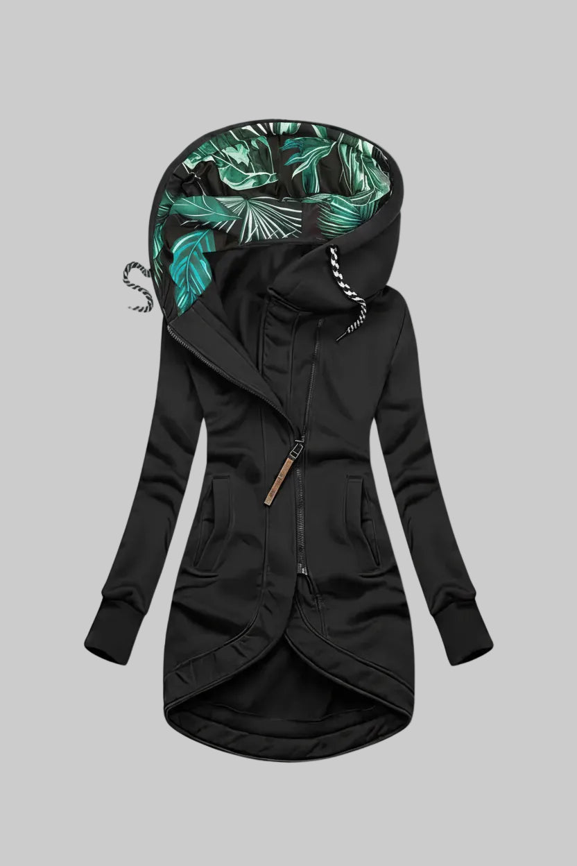 Black Hooded Asymmetric Zip Knit Coat displayed from the front, highlighting the contrast print hood lining, asymmetric zip closure, drawstring details, and tulip hem.