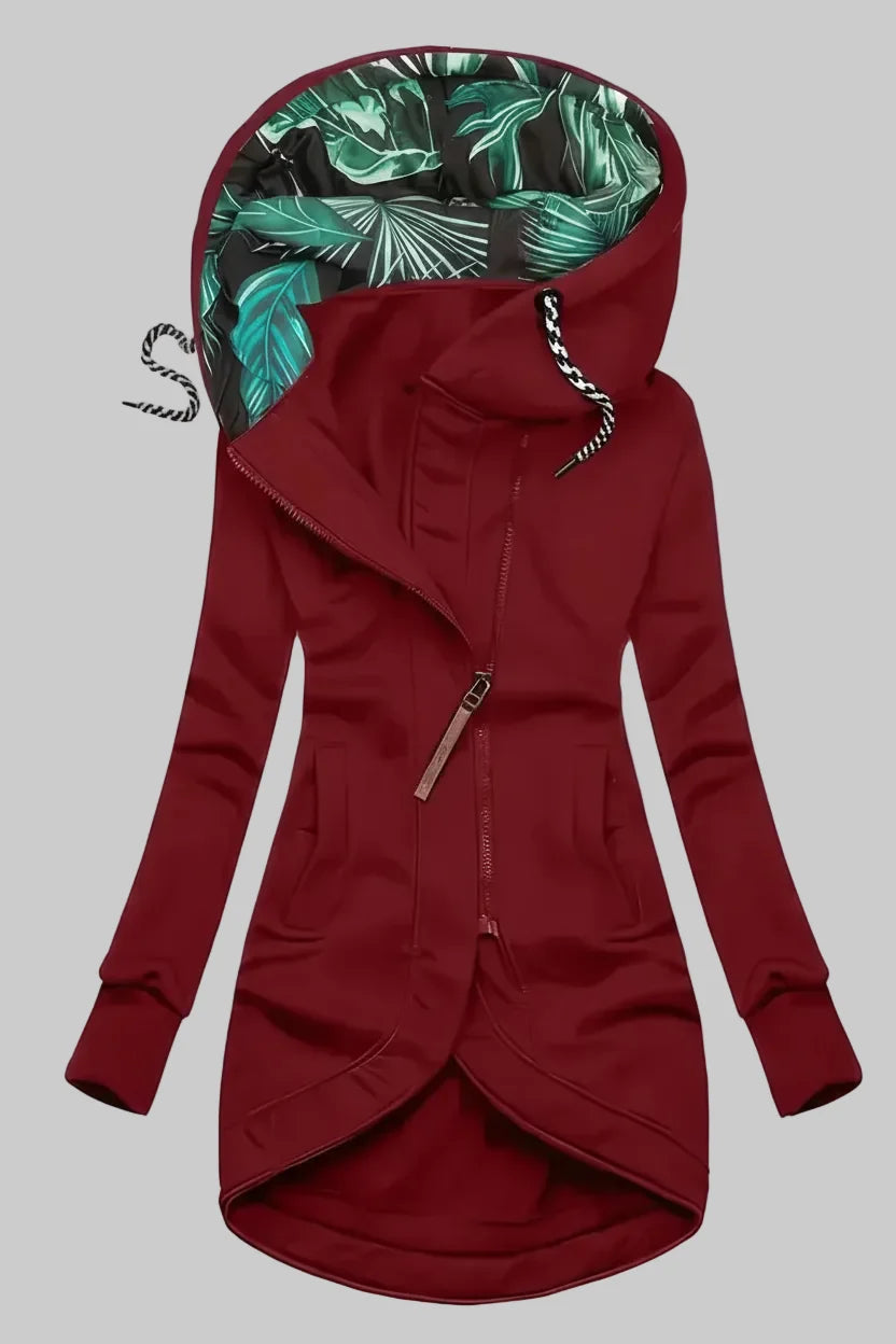 Burgundy Hooded Asymmetric Zip Knit Coat displayed from the front, featuring a contrast print hood lining, asymmetric zip closure, and tulip hem.