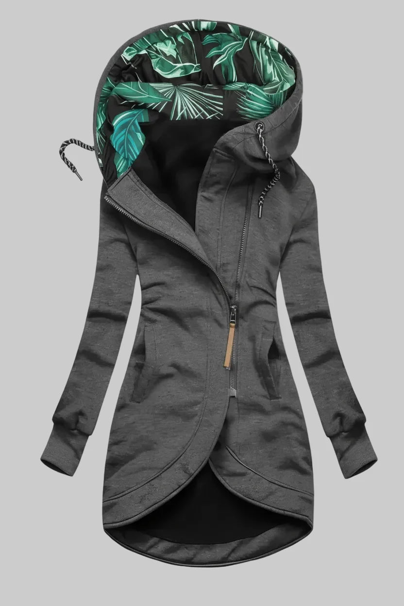 Gray Hooded Asymmetric Zip Knit Coat displayed from the front, featuring a contrast print hood lining, asymmetric zip closure, and tulip hem.